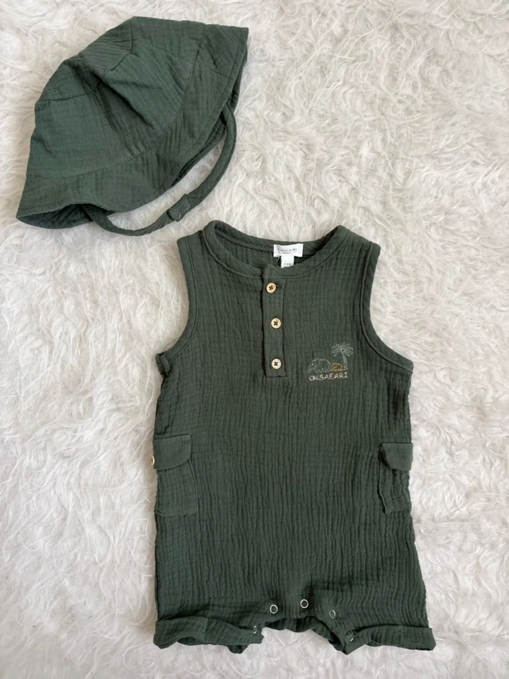 Tahari Baby Olive Green Safari Muslin Romper and Matching Hat Set